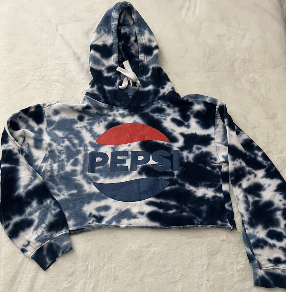 Pepsi Tie Dye Cropped Hoodie Womens Small Blue White Pullover Sweatshirt